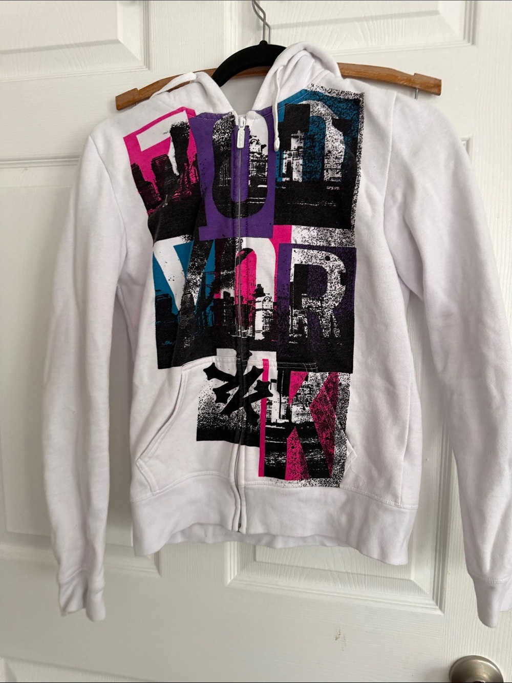 Zoo York White Hoodie with Purple and Teal Accents